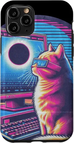 Vista 10 de iPhone 15 Cat Solar Eclipse - Synthwave Retro Poster Style Case