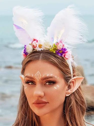 Vista 5 de Yean Diadema con orejas de conejo iluminadas, diadema de hada, diseño floral de bosque, orejas de conejo, disfraz de plumas, tocado de fiesta