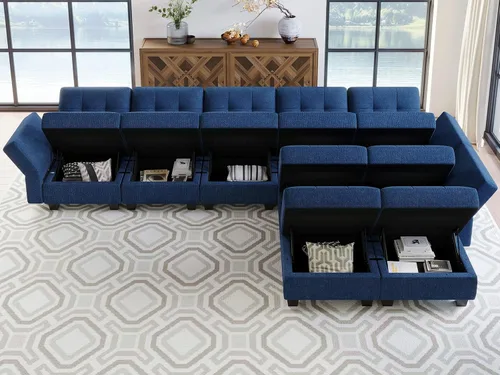 Vista 3 de Belffin Sofá modular en forma de L azul con almacenamiento, 9 asientos, algodón, firme, moderno