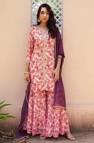 Vista 3 de Janasya Conjunto Kurta Embellecido con estampado floral digital rosa Georgette para mujer