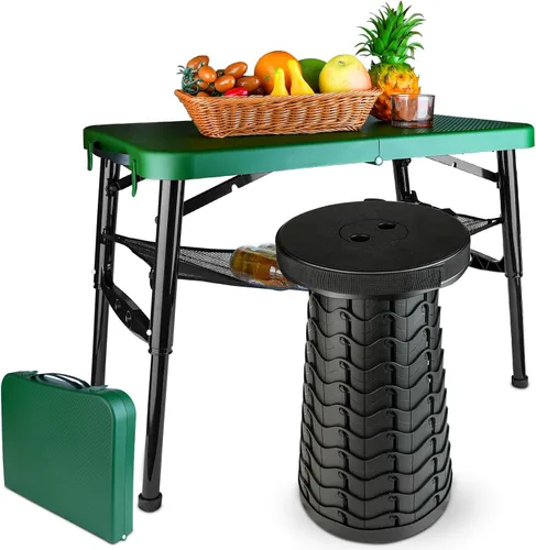Vista 8 de Juego de mesa y taburete plegable portátil, mesa plegable ligera y taburete plegable para camping, picnic, playa, pesca, mesa resistente