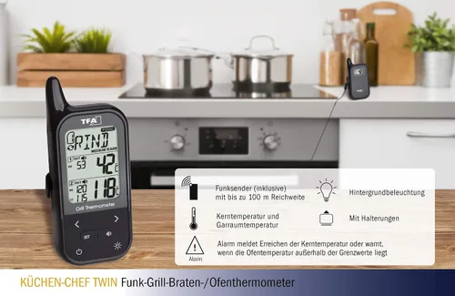 Vista 8 de TFA Dostmann Termómetro inalámbrico para carne de barbacoa Küchen-Chef, 14.1511.01, incluye sonda doble, tipos de carne preprogramados, termómetro