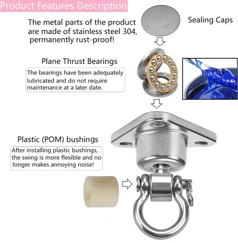 Vista 2 de Silent Bearing Swing Hanger resistente, a prueba de óxido SUS, capacidad de 1500 libras, rotación de 360 grados, patio de recreo, porche, yoga