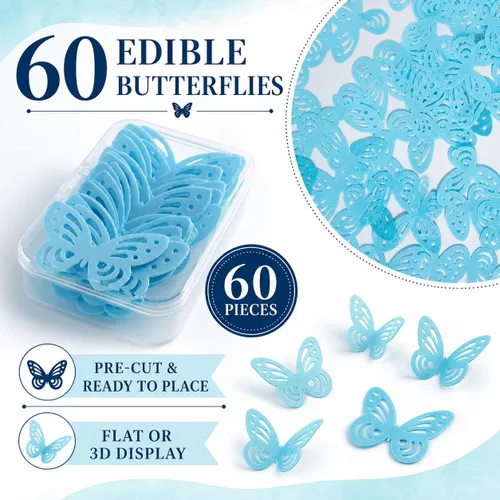 Vista 2 de 60 piezas de papel comestible azul con diseño de mariposas Mariposas azules 60 piezas