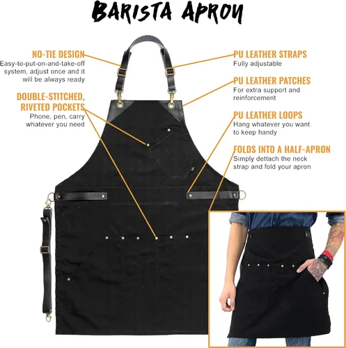 Vista 6 de Under NY Sky Delantal de barista, correas de cuero negro y refuerzo, bolsillos remachados, doble costura, lazo de anillo de cuero, sarga negra