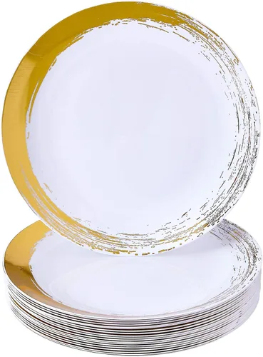 Vista 12 de SILVER SPOONS Platos de plástico con borde de pincel dorado para fiestas (10 unidades) Juego de vajilla desechable resistente de 10.25 pulgadas