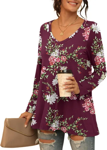 Vista 45 de AWULIFFAN Blusa tipo túnica holgada de manga larga con cuello redondo para mujer