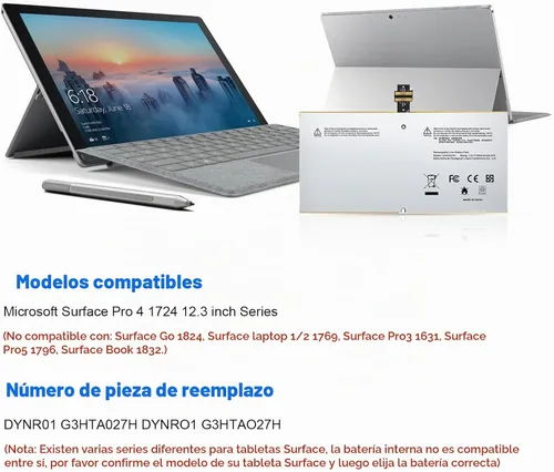 Vista 5 de Futurebatt DYNR01 G3HTA027H - Batería de repuesto para laptop Microsoft Surface Pro 4 1724 12.3 pulgadas Tablet Series G3HTA026H G3HTA027H 7.5V