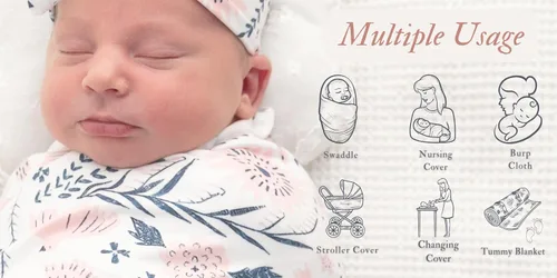 Vista 4 de Manta elástica con estampado floral para recién nacido, con diadema a juego (azul y rosa) Baby Grils Receiving Blanket with Name Card Stretch Wrap