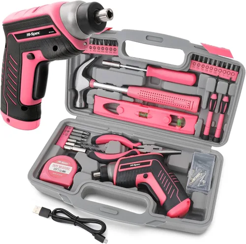 Vista 9 de Hi-Spec Juego de 58 piezas de taladro inalámbrico rojo de 8V USB de energía eléctrica y kit de herramientas de bricolaje para el hogar. Accesorios
