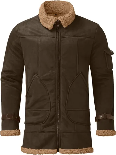 Vista 4 de Chaqueta de piel sintética para hombre, chaqueta de piel sintética de gamuza, abrigo de invierno casual con solapa y forro de sherpa