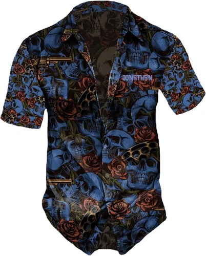 Vista 6 de Camisas hawaianas de calavera para hombre, camisa de calavera y flor, camisa hawaiana de flores hawaianas para hombre, camisa hawaiana de verano