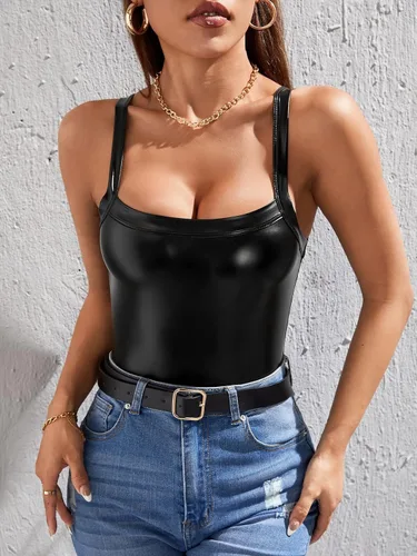 Vista 4 de MakeMeChic Body de piel sintética para mujer, sin mangas, cuello redondo, PU, camiseta sin mangas