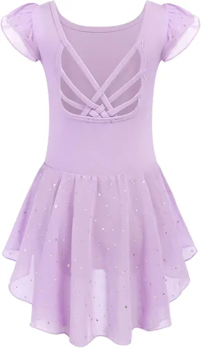 Vista 17 de Arshiner - Malla de ballet con mangas de volantes brillantes y falda con espalda cruzada para niñas Floral rosa aguamarina