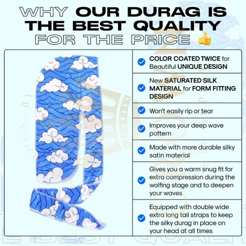 Vista 45 de Art Silky Durag con colas largas y anchas, durags de tela de seda suave satinada para mayor comodidad y compresión