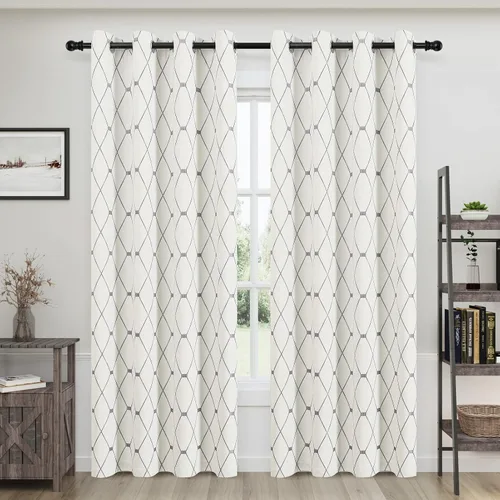 Vista 33 de Joywell Cortinas jacquard con ojales para sala de estar, 108 pulgadas de largo, línea ondulada negra con patrón de puntos, cortinas bordadas