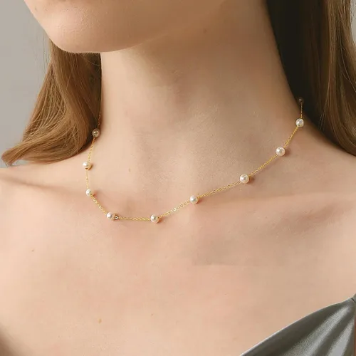 Vista 3 de TOBENY Collares de perlas para mujer, chapado en oro de 14 quilates, collar de gargantilla delicada cadena de boda collar de perlas de agua dulce