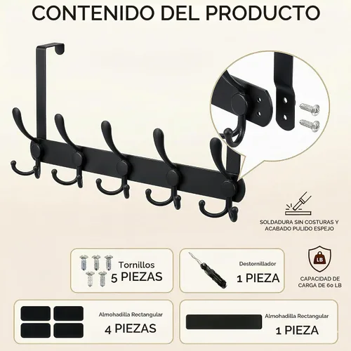 Vista 2 de Ganchos para colgar sobre la puerta, perchero para colgar ropa, sombrero, toalla (resistente negro, 1 unidad)