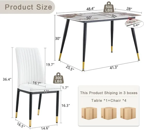 Vista 4 de Juego de 5 mesas de comedor modernas de piedra sinterizada de 50 pulgadas, mesa de cocina rectangular de mármol sintético con 4 sillas de piel