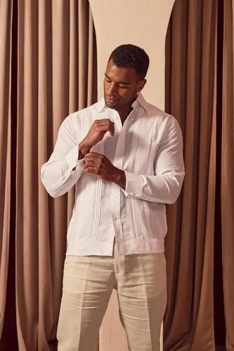 Vista 7 de Mojito - Camisa plisada de manga larga con puños franceses, 100% lino, estilo guayabera, formal, para hombre