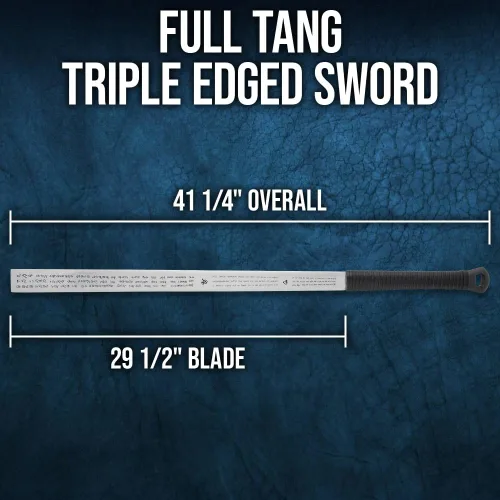 Vista 2 de Espada de triple filo de espiga completa Inscripciones detalladas Mango de madera dura con envoltura de cuero negro Funda a juego Soporte