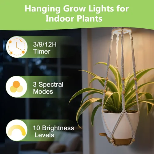 Vista 4 de Macetas colgantes para plantas de interior: paquete de 2 perchas de macramé con luces de cultivo y macetas de riego automático, macetas colgantes