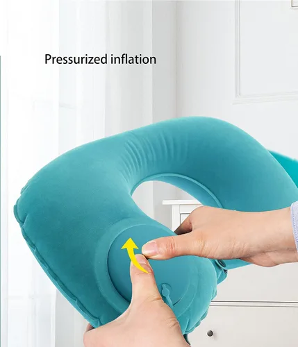 Vista 4 de Almohada inflable de viaje manual presurizada almohada inflable automática en forma de U azul claro transpirable cómoda almohada núcleo cervical