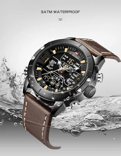 Vista 8 de NAVIFORCE Reloj deportivo digital para hombre, de cuero, cuarzo, impermeable, militar, cronógrafo, despertador, relojes de pulsera