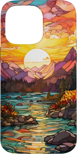 Vista 21 de iPhone 16 Sunset Stained Glass Mosaic Landscape Scene Case