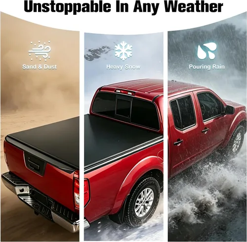 Vista 6 de Cubierta suave de tres pliegues compatible con Nissan Frontier 2005-2021 Fleetside cama de 5 pies sin sistema de riel de cama, cubierta de vinilo