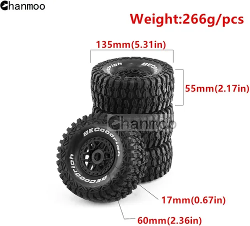 Vista 2 de 1/7 1/8 RC Short Course Truck Buggy Neumáticos y ruedas 0.669 in Hex OD 5.315 in Neumáticos todoterreno para 1:7 1:8 Escala RC Off-Road Truck Car