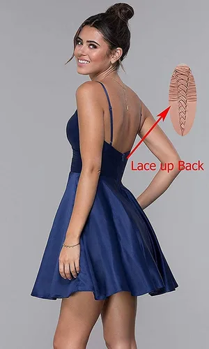 Vista 2 de Vestido de regreso a casa para junior, corto, brillante, cintura fina, hombros descubiertos, vestido de baile de graduación