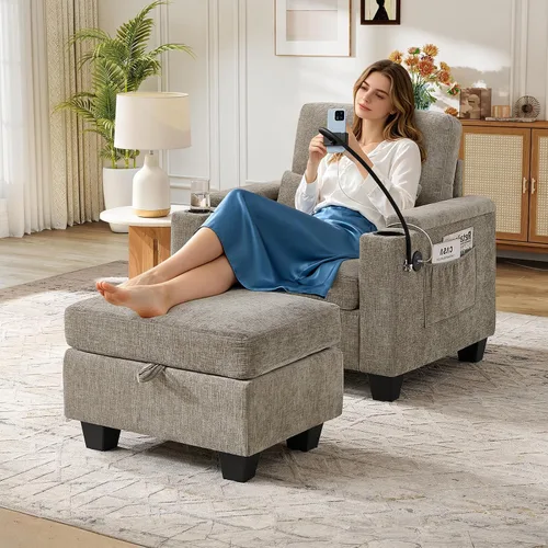 Vista 23 de Chaise Lounge Chair para interiores con puerto USB y soporte para teléfono, sillón reclinable pequeño de felpilla con otomana de almacenamiento