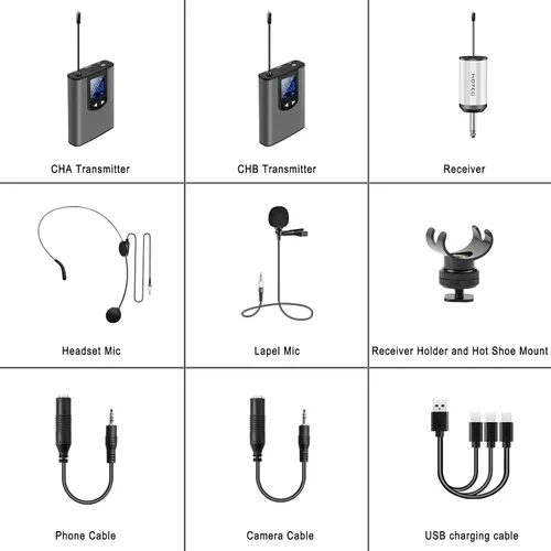 Vista 8 de Hotec Sistema inalámbrico con micrófonos de auriculares duales/micrófonos de solapa Lavalier y transmisores de bodypack y un mini receptor