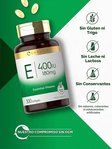 Vista 4 de Carlyle Vitamina E 400 UI Cápsulas Softgel 300 unidades Dl-Alpha Tocoferyl Suplemento sin OMG y sin gluten