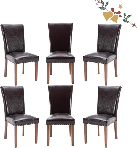 Vista 41 de Juego de 2 sillas tapizadas de tela para comedor, sillas de cocina estilo Parsons con ribete de cabeza de clavo y patas de madera - Beige