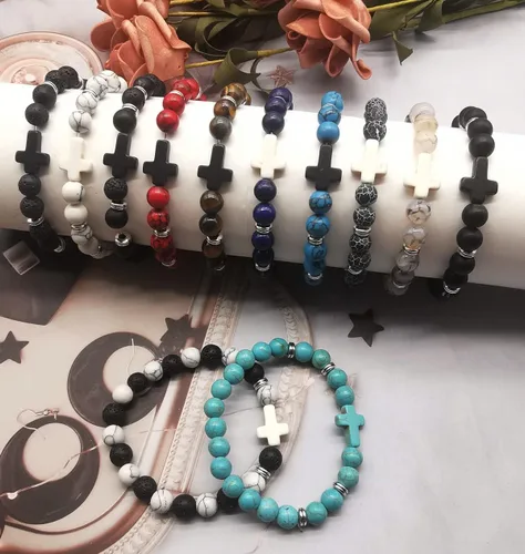 Vista 7 de Svovin 12 pulseras de cuentas cruzadas para hombres y mujeres de 0.315in, piedras curativas de ojo de tigre de lava, pulseras elásticas