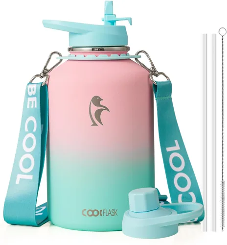 Vista 41 de Botella de agua Coolflask de 40 onzas con correa, botella de agua metálica aislada con popote y tapas con pico, acero inoxidable de doble pared al