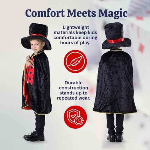 Vista 3 de Dress Up America Disfraz de mago para niños, capa de mago, sombrero y varita, disfraz mágico para niños y niñas