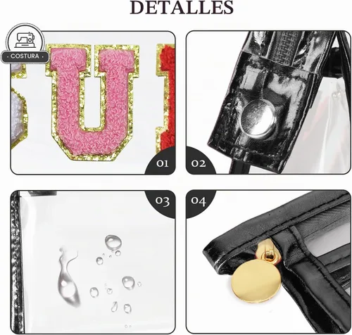 Vista 3 de COSHAYSOO Bolsa de Maquillaje Transparente con Protección Solar, Bolsa de Protector Solar con Parches de Letras, Accesorios Esenciales de Playa