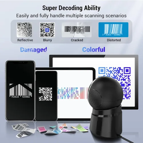 Vista 3 de Tera Escáner de código de barras omnidireccional de escritorio: 1D 2D QR manos libres USB con cable lector de código de barras ajustable Cabeza