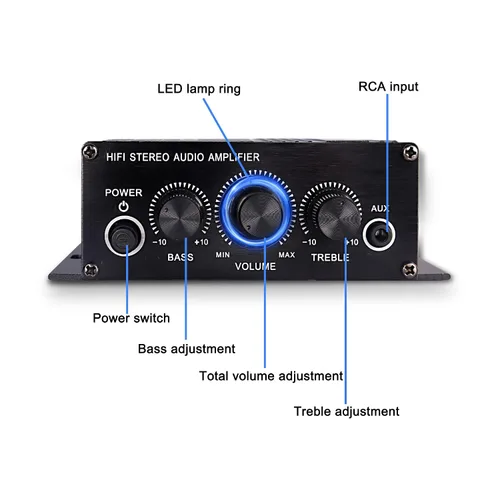 Vista 4 de XMSJSIY Amplificador de audio estéreo de alta fidelidad de 12 V para coche de 2 canales HiFi Bass Subwoofer Amp para coches CD DVD reproductor MP3