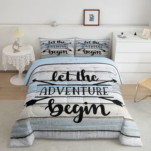 Vista 15 de Juego de ropa de cama con temática de cámper, juego de edredón de cabaña de madera marrón y verde, tamaño matrimonial, 3 piezas, decoración de Multi