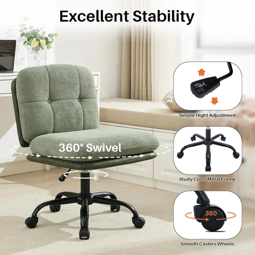 Vista 5 de SOFTHION Silla de escritorio de oficina sin brazos con ruedas de asiento ancho, altura ajustable, giratoria, cómoda silla cruzada para el hogar