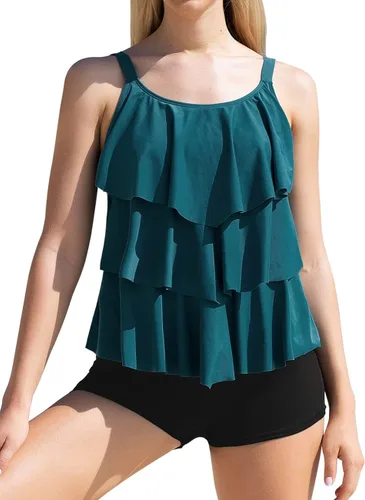 Vista 2 de Septangle - Traje de baño tankini de 2 piezas para mujer, diseño con volados y culotte