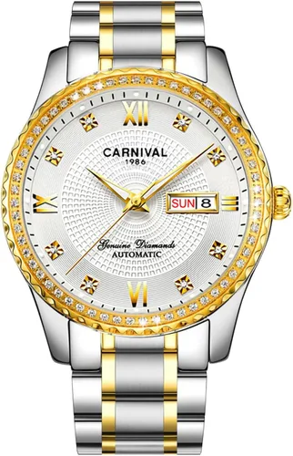 Vista 8 de Carnival Reloj negro para hombre con esfera automática, de acero inoxidable, cristal de zafiro, impermeable, para hombre Dorado (Full Gold)