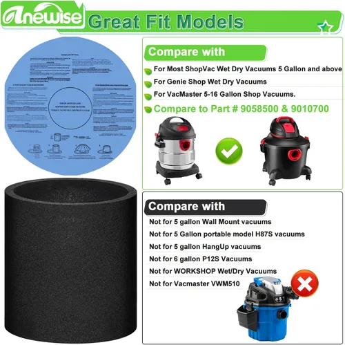 Vista 2 de Anewise Paquete de 6 Filtros de Disco de Papel Seco 90107 y Paquete de 3 Filtros de Manga de Espuma 90585 para Shop Vac Húmeda/Seca para Vacmaster