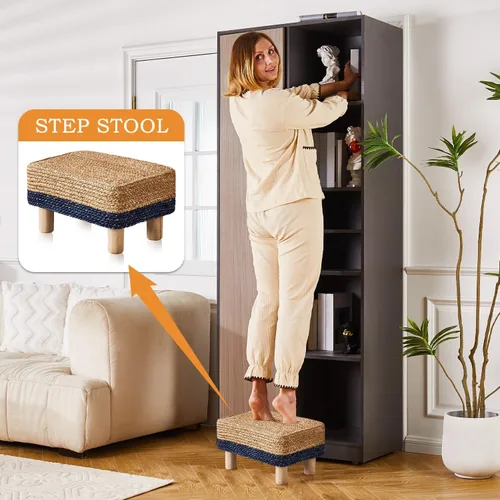 Vista 5 de Cpintltr Taburete otomano rectangular, reposapiés, otomano, reposapiés natural de algas marinas con patas de madera, taburete tejido a mano