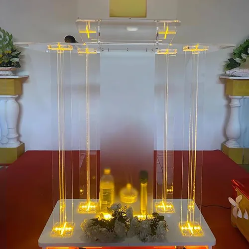 Vista 3 de Púlpitos para iglesias, púlpitos de iglesia con luces LED y ruedas, mesa rodante de podio acrílico, púlpito rodante transparente, fácil montaje