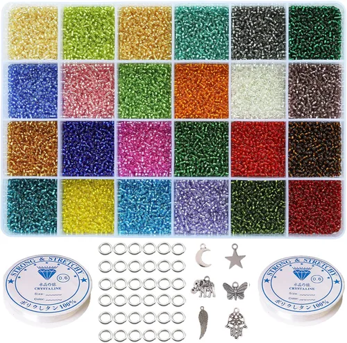 Vista 10 de Cuentas de semillas de vidrio 11/0 Aproximadamente 14800 piezas 24 colores 2 mm Cuentas sueltas de semillas Kit para hacer pulseras con caja de 24
